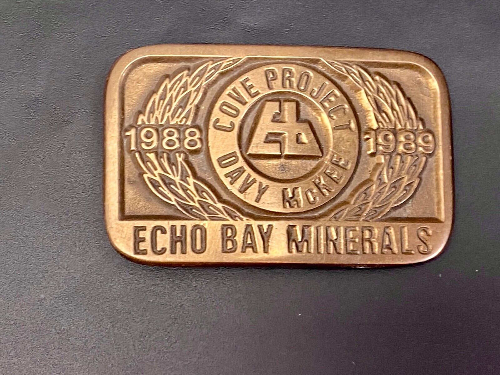 Vintage 1989 **ECHO BAY MINERALS** COVE PROJECT MINING SOLID BRASS BUCKLE