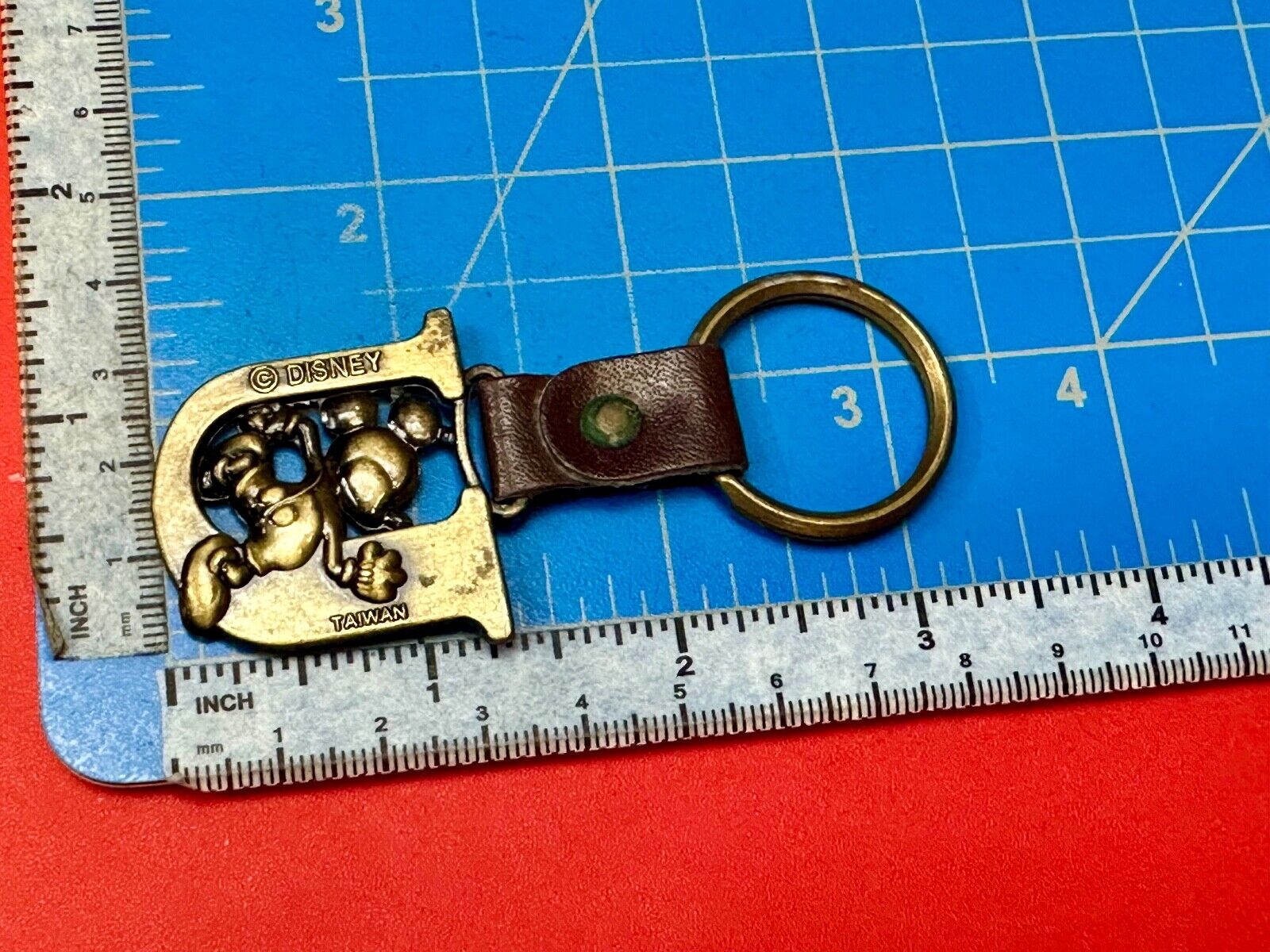 VINTAGE LETTER INITIAL U MICKEY MOUSE DISNEY KEYCHAIN BRASS and LEATHER FOB