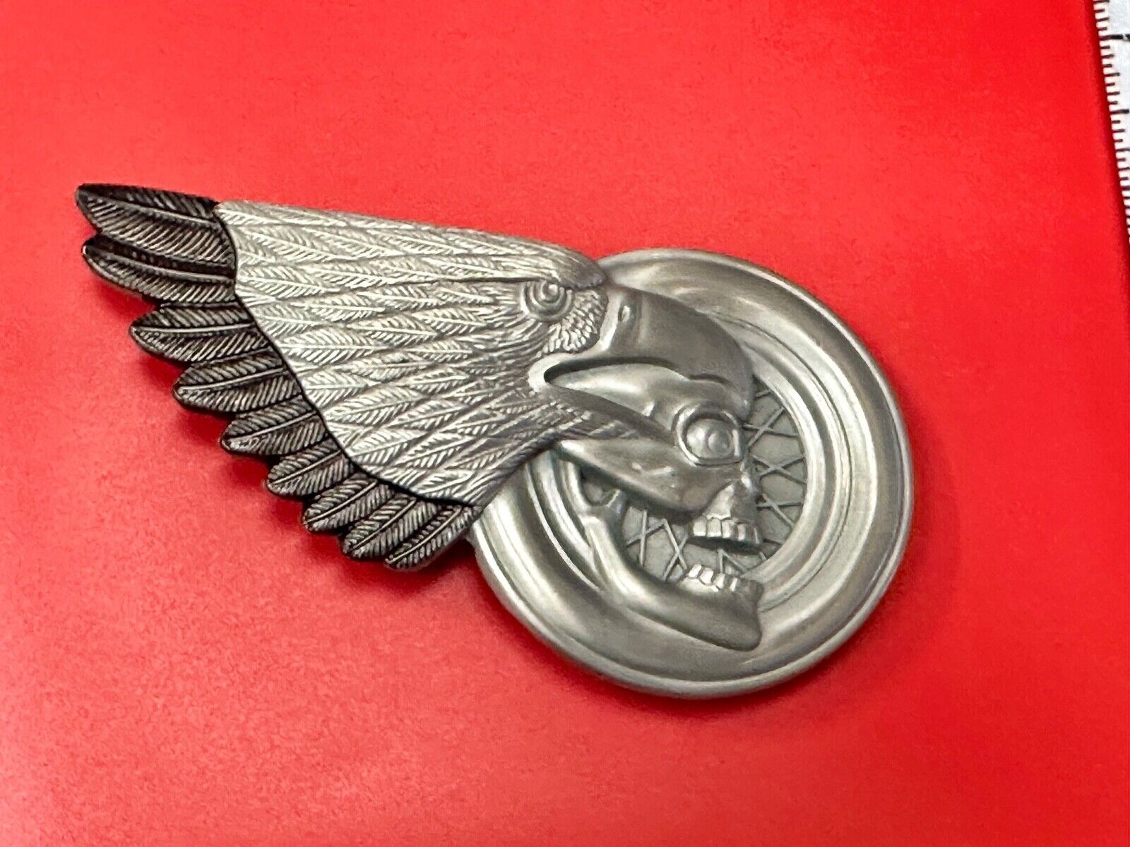 Bikers Skull with Eagle Wing and Motorcycle Wheel figural belt buckle