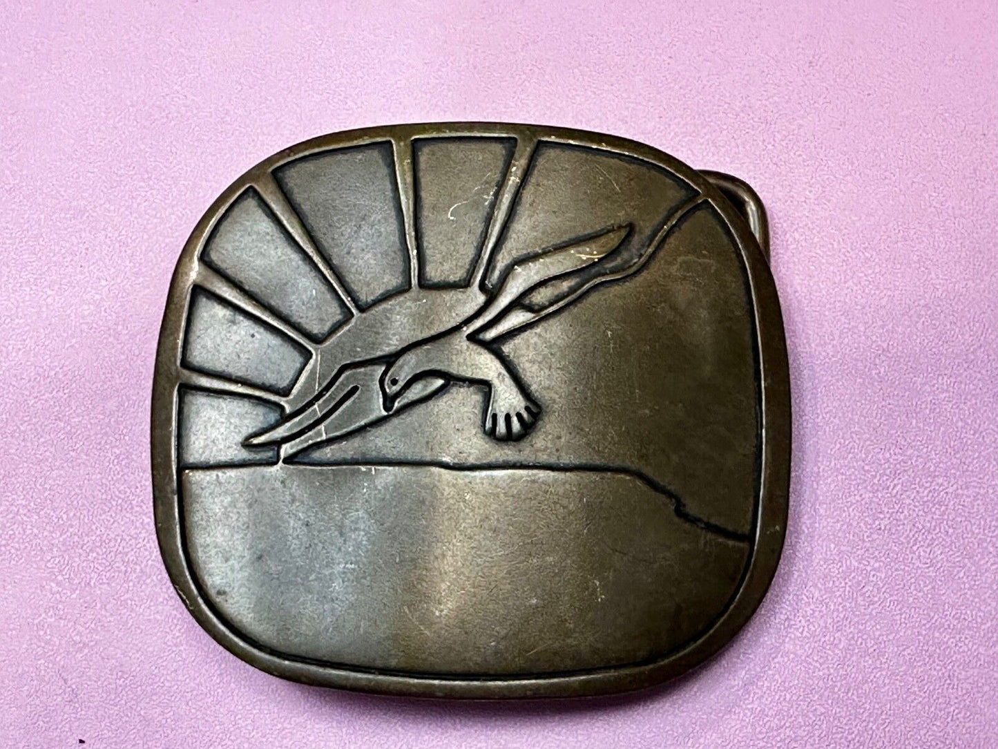 Abstract Eagle Over Sunset / Turtle Swimming Solid Brass Hippy Style Belt Buckle