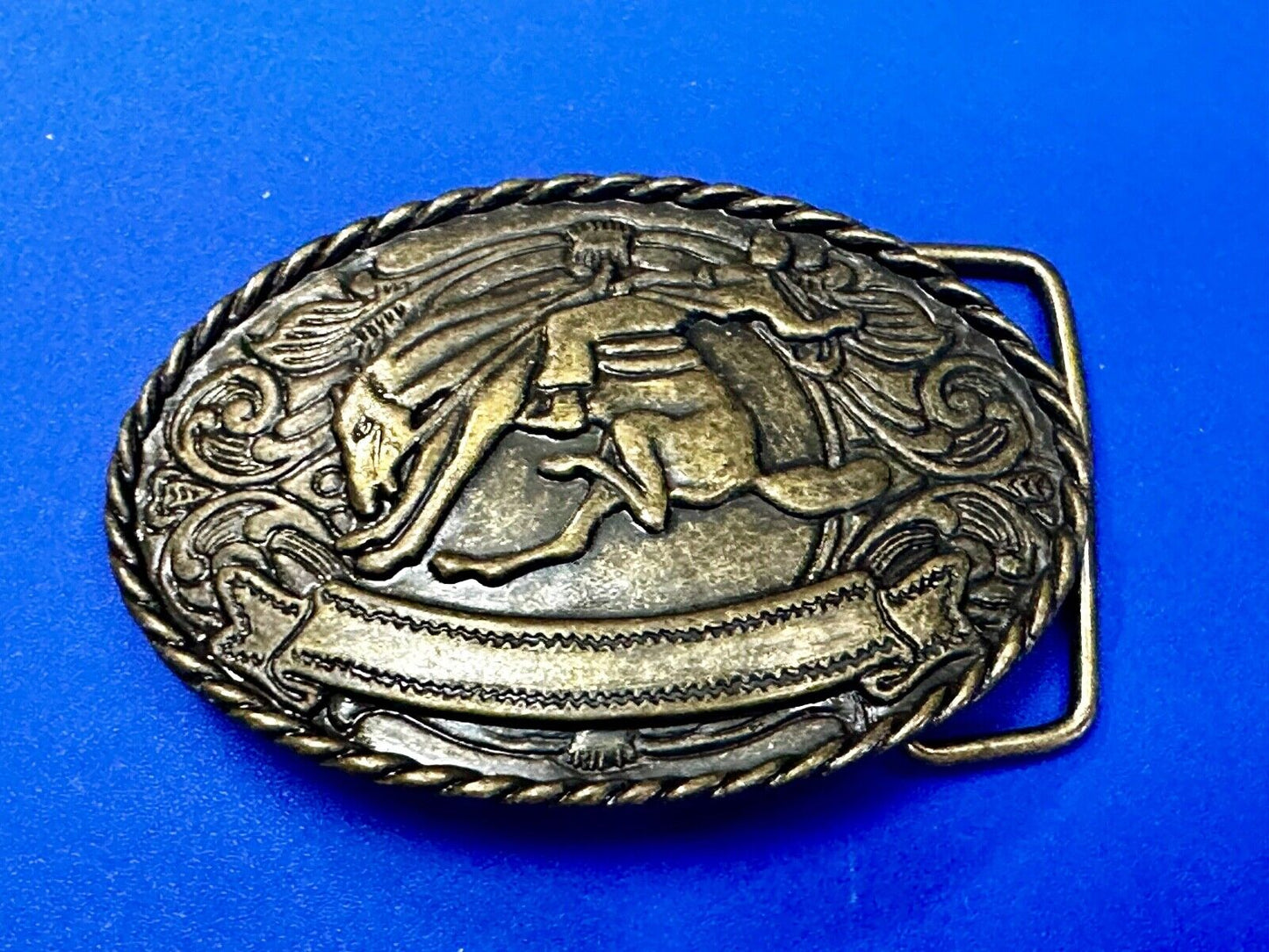 Abstract Vintage Cowboy Saddle Bronc western belt buckle with award ribbon