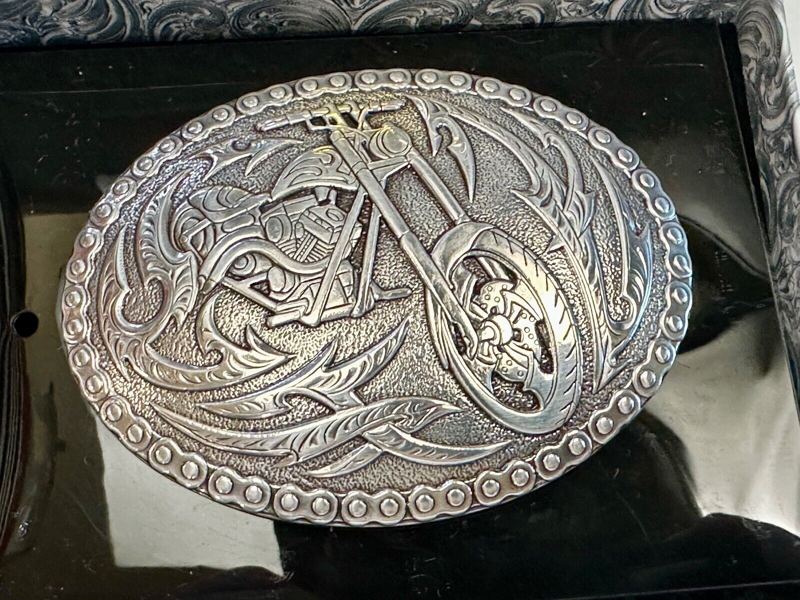 Biker Motorcycle Chopper Designed silver tone oval Crumrine Belt Buckle in box