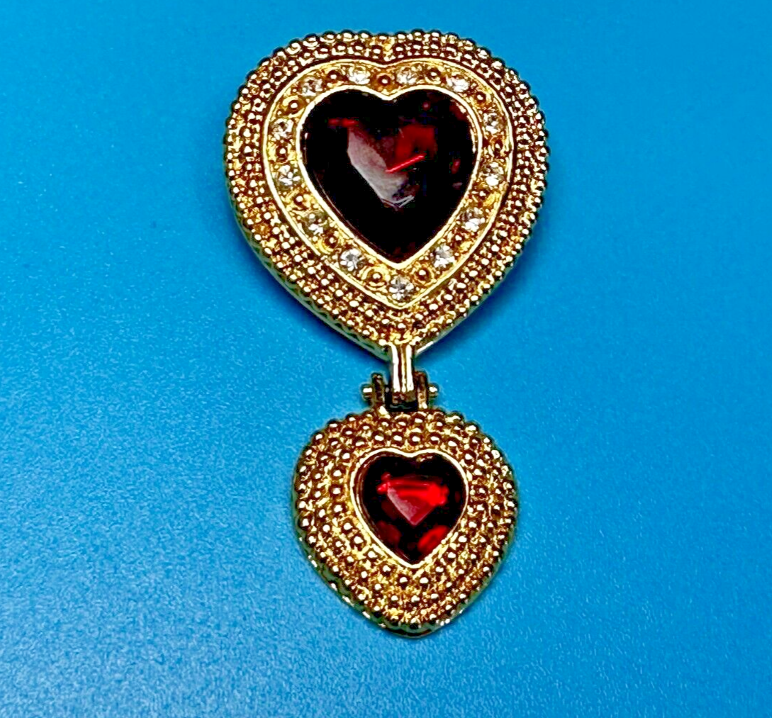 Victoria's Secret Double Heart Dangle Charm Red Ruby Large Gold Tone Brooch Pin