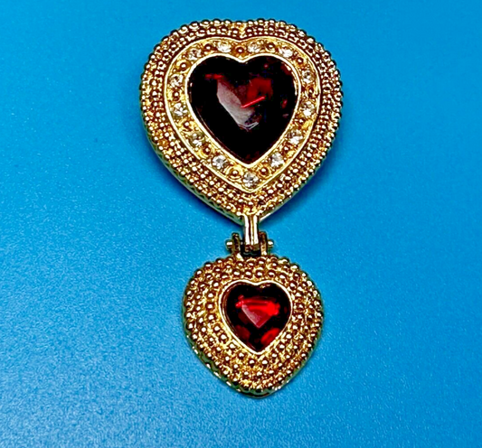 Victoria's Secret Double Heart Dangle Charm Red Ruby Large Gold Tone Brooch Pin