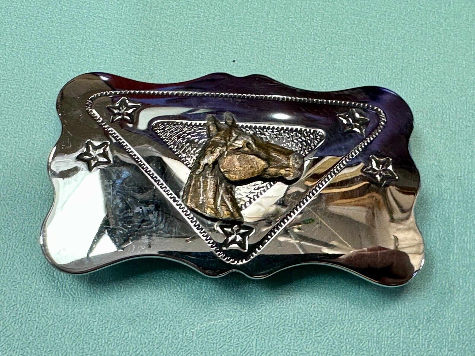 vintage horse head on reflective western silver tone rectangular belt buckle