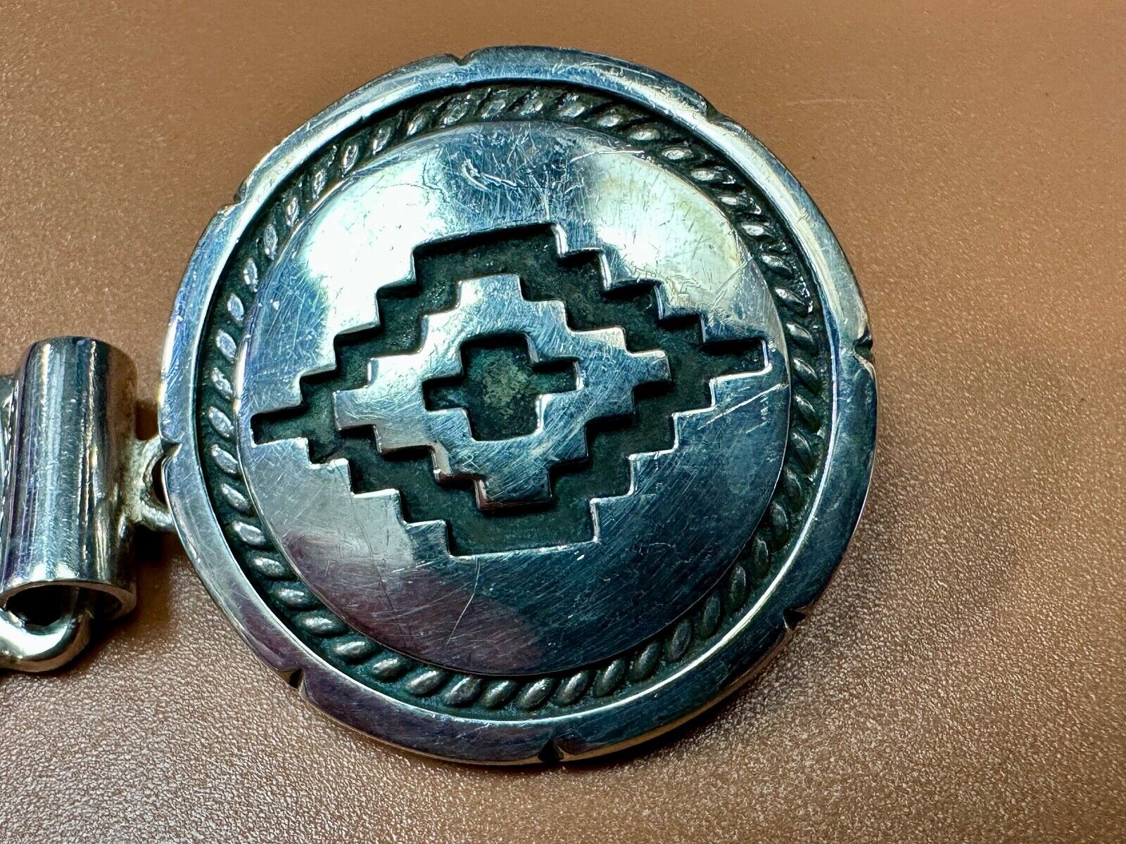 Antique 900 Silver three piece 5" wide southwest concho pattern belt buckle