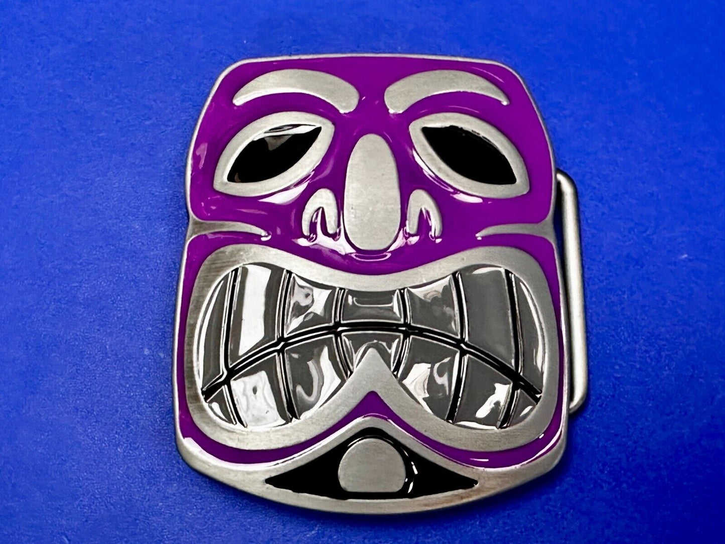 Tribal Tiki Mask Statue Animation Hawaiian Silver & Purple Color Belt Buckle