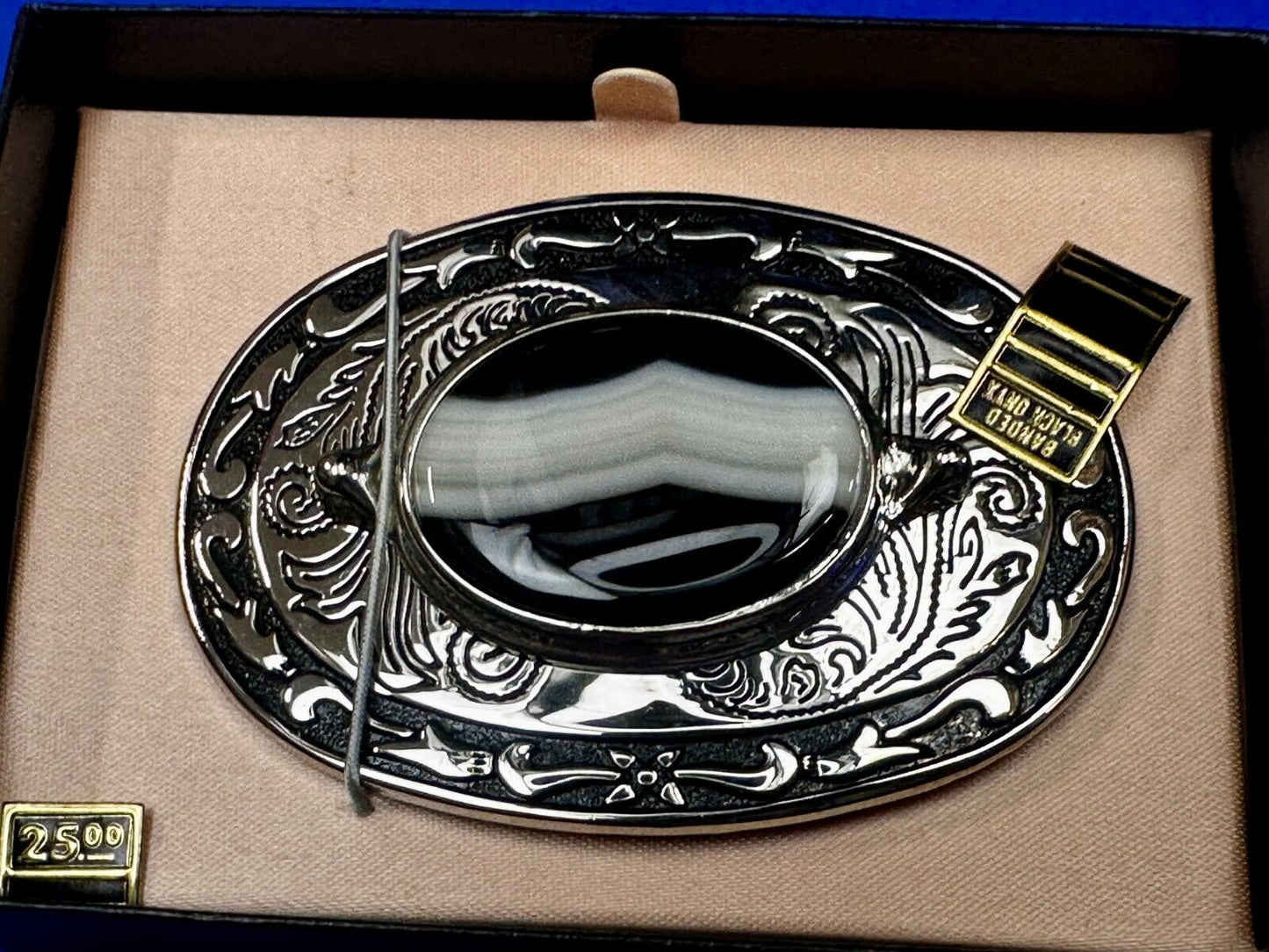 Black & White Onyx Cabochon Cab Stone Mounted In Vintage NOS Ornate Belt Buckle