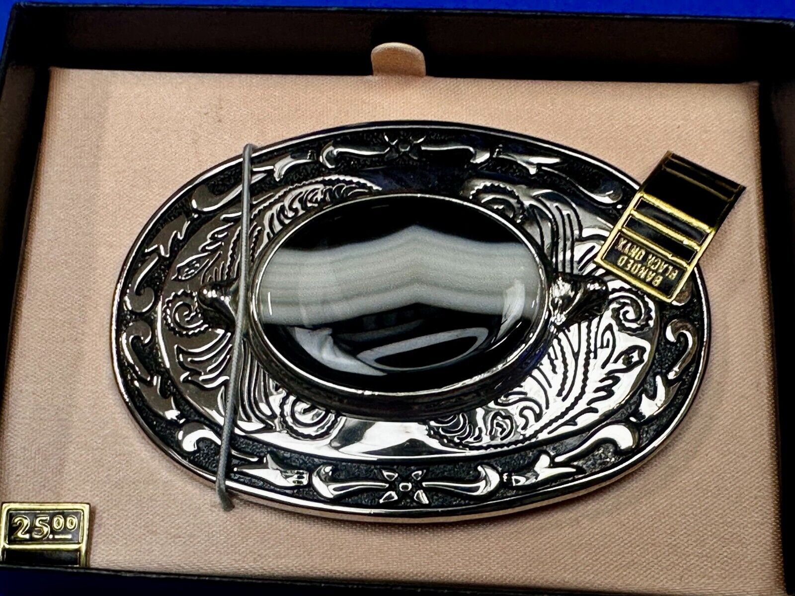 Black & White Onyx Cabochon Cab Stone Mounted In Vintage NOS Ornate Belt Buckle
