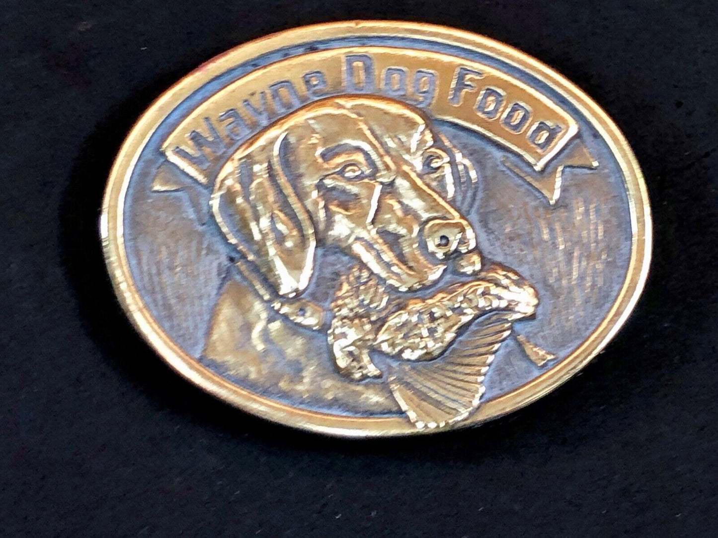 1980's Wayne Dog Food Belt Buckle Lab Bird Hunting Dog 50th Anniversary