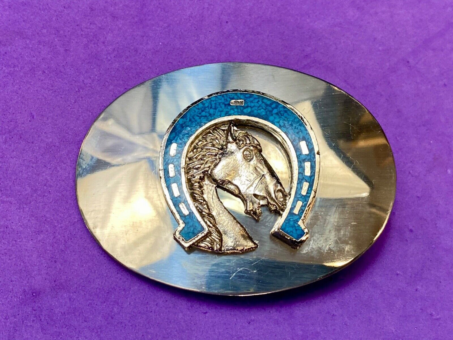 Vintage Horse head in Turquoise chip inlaid Horseshoe reflective belt buckle