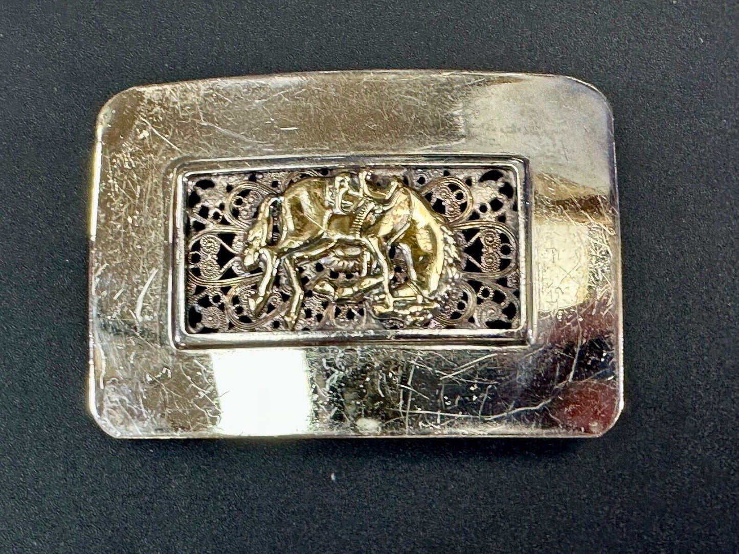 Unique Rodeo Cowboy Horse Saddle Bronc Nickel Silver Mesh Background belt Buckle