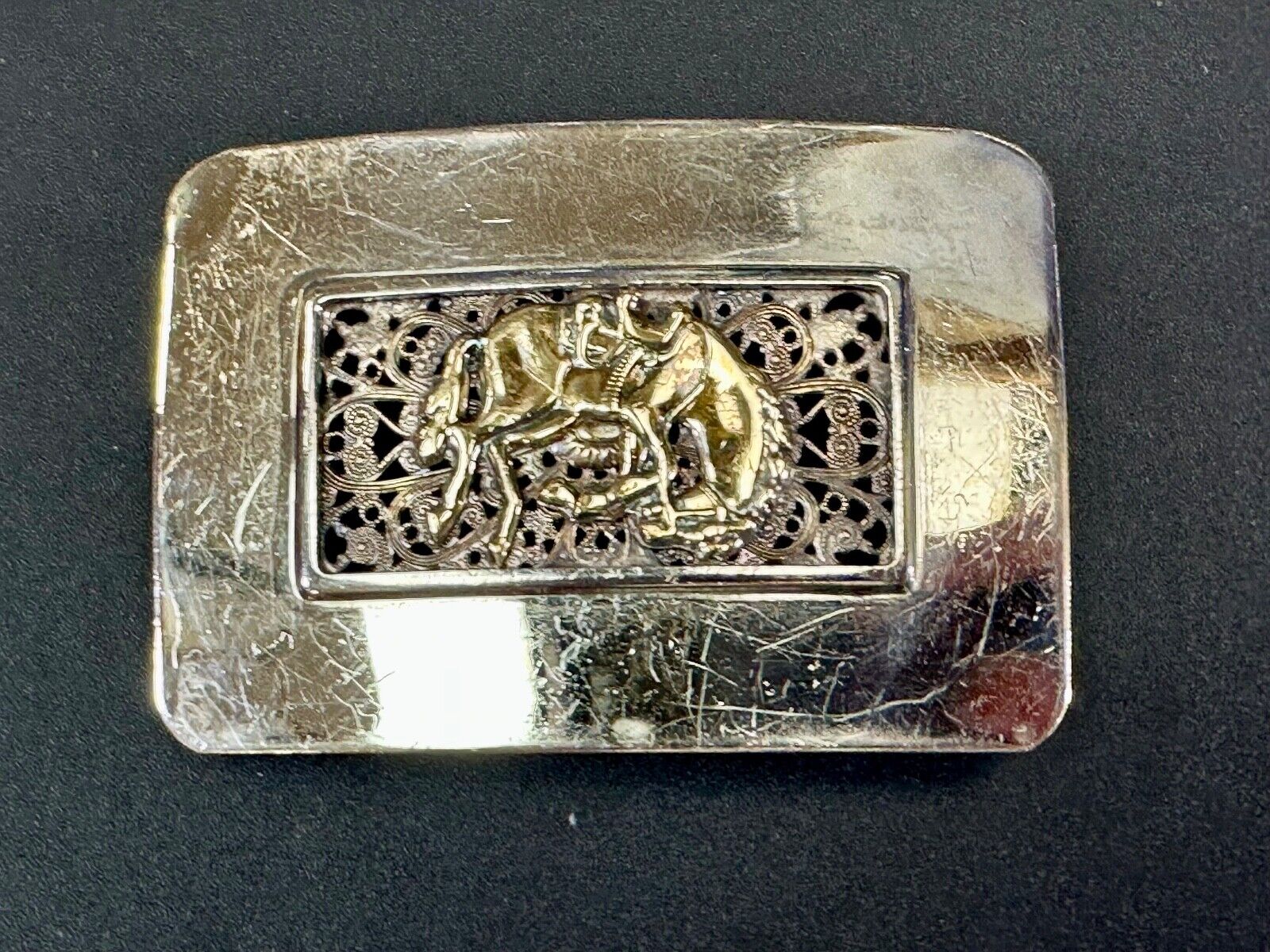Unique Rodeo Cowboy Horse Saddle Bronc Nickel Silver Mesh Background belt Buckle