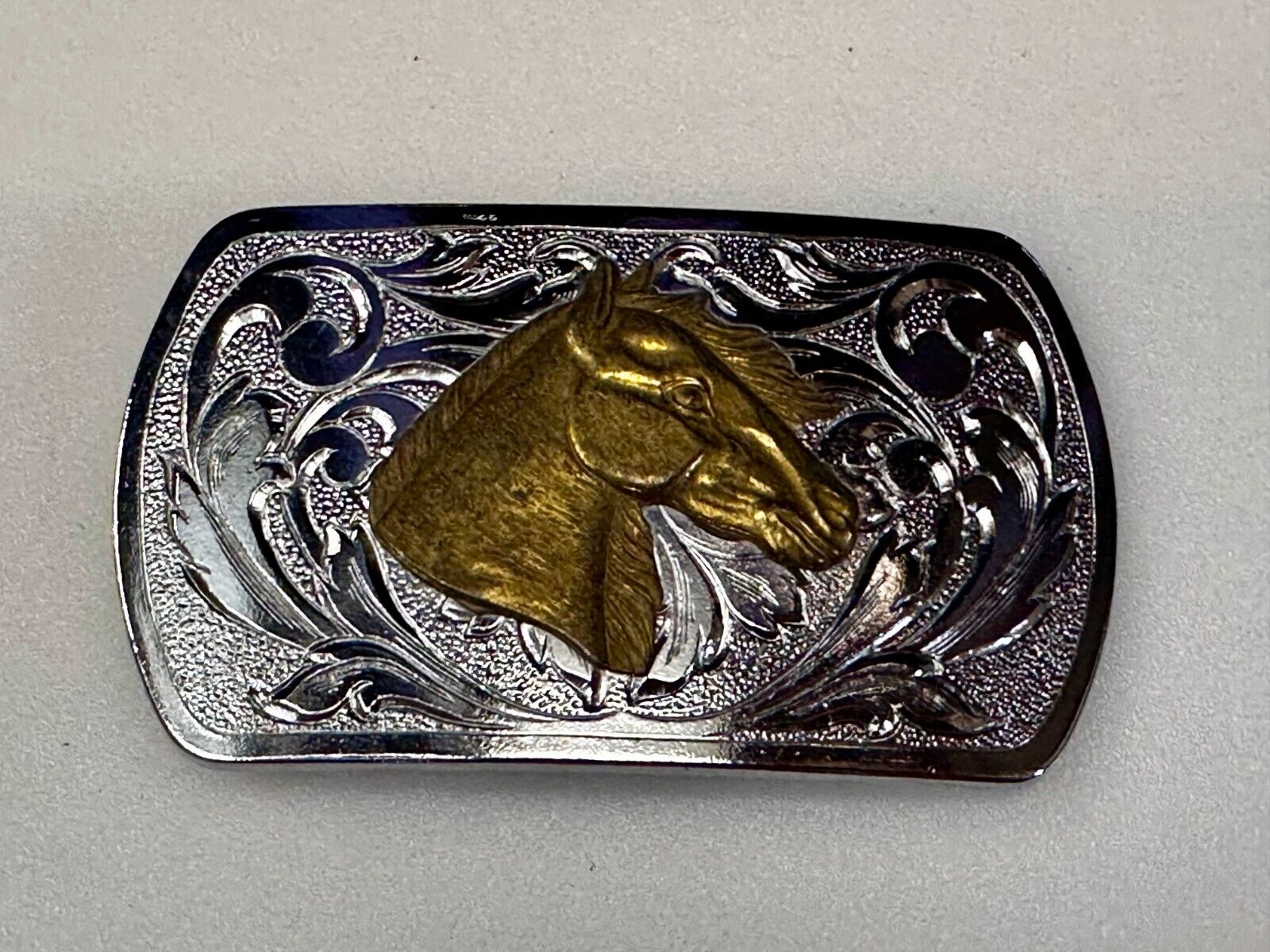 Two Tone Horse Head Vintage Western Flower Swirl Design Belt Buckle