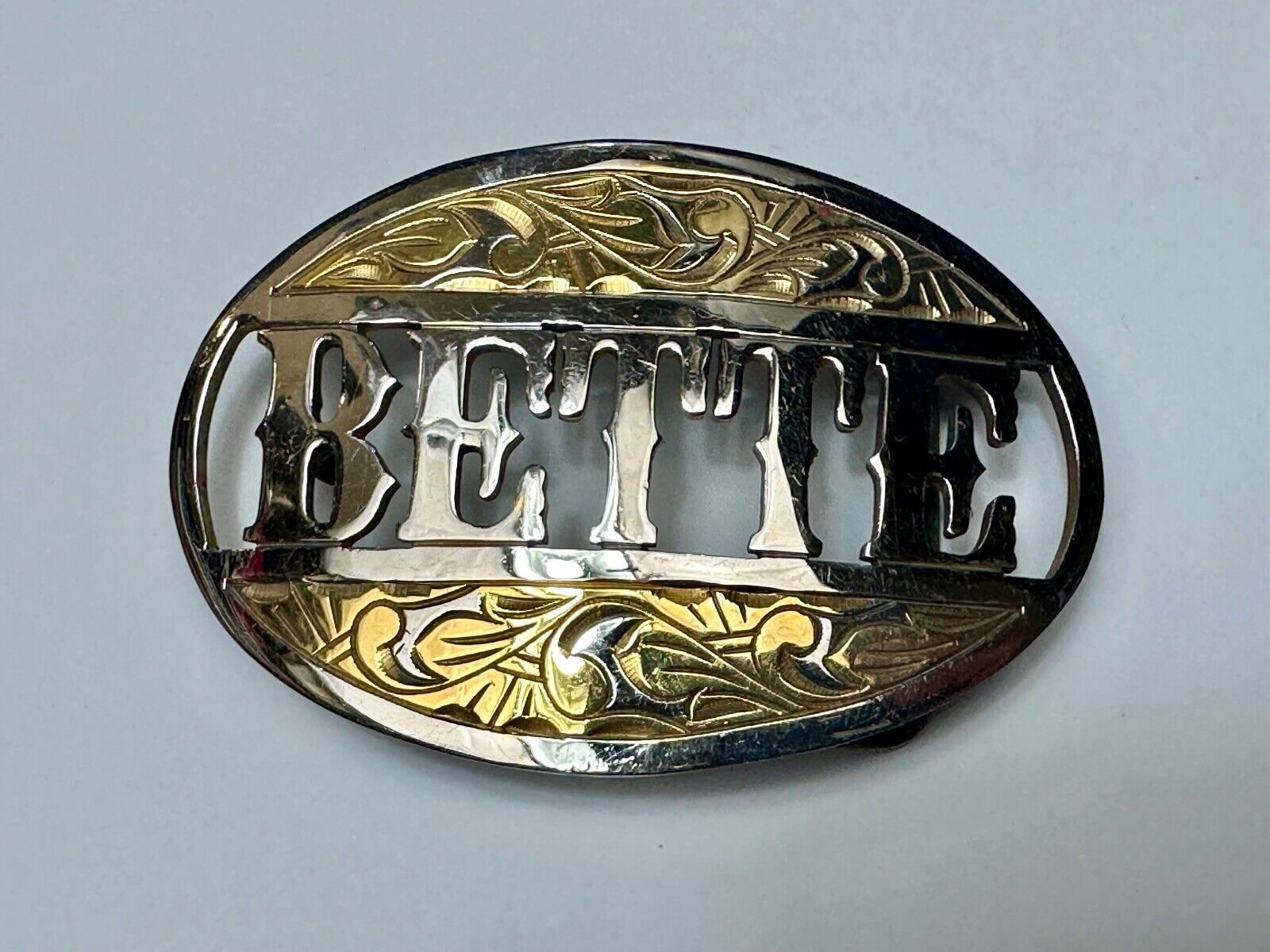 BETTE - custom name on western two tone cutout see through vintage belt buckle