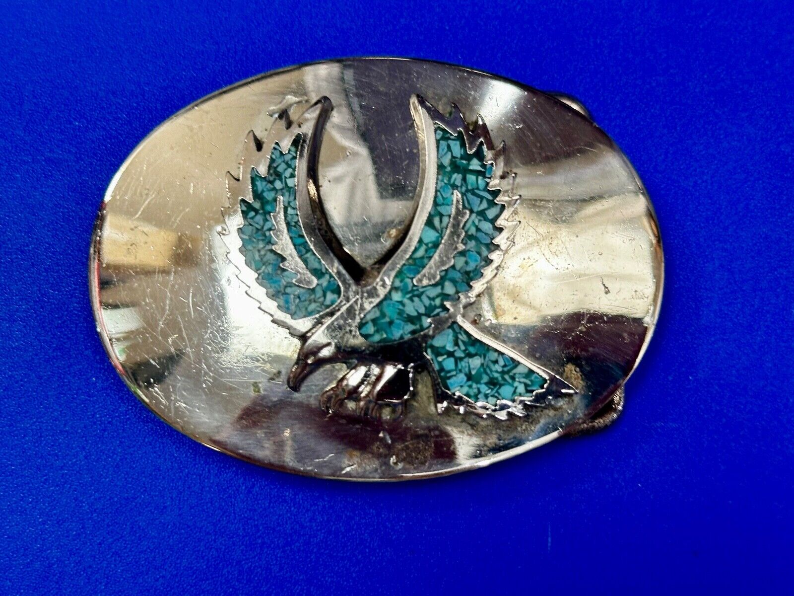 Turquoise Chip inlaid Flying Hunting Diving Patriotic American Eagle Belt Buckle