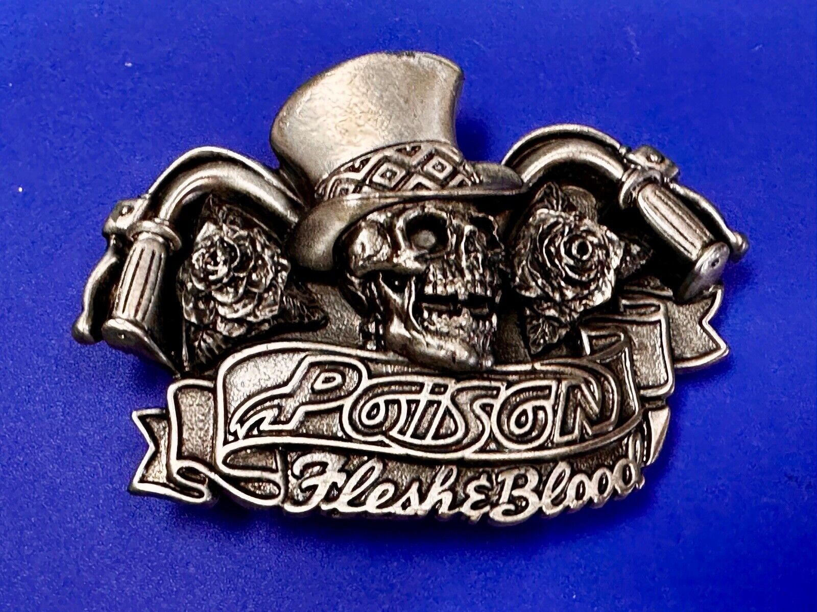 80's Poison Rock Band Skull in Top hat Rose Flesh & Blood Album 1992 Belt Buckle