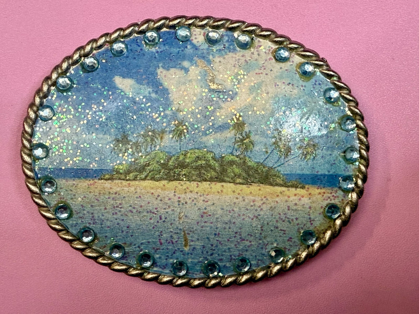 Tropical Island Paradise Picture Vintage Rhinestone Border Oval Belt Buckle