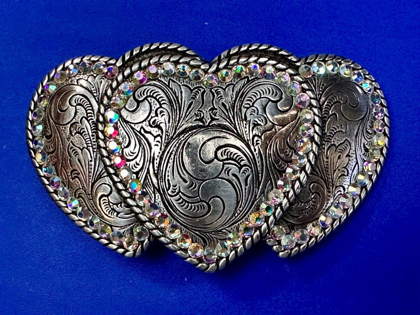 Triple / 3 Hearts - Rhinestone accented Silver tone cutout western Belt Buckle