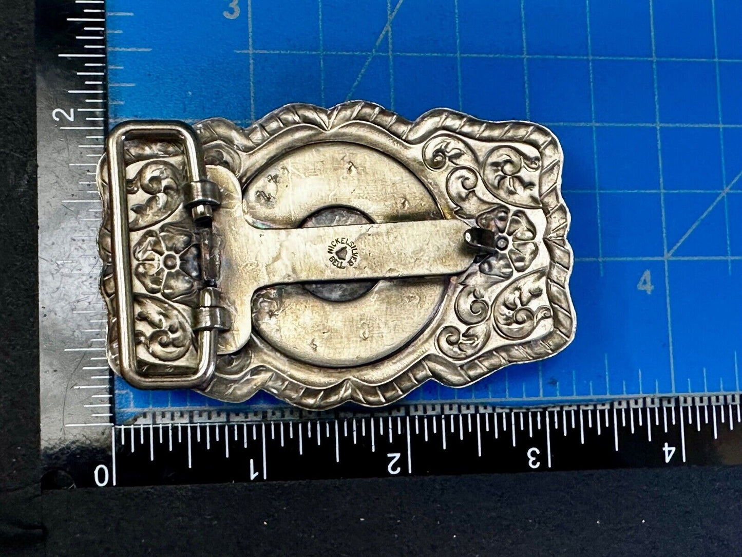 1960s Bell Trading Post Nickel Silver W/ Round Simulated Turquoise Belt Buckle