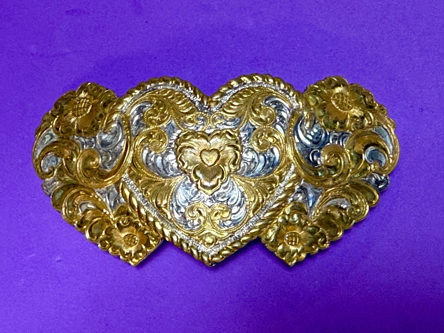 Triple Heart Shaped Heavy Silver Plate on Jewelers' Bronze Crumrine Belt Buckle