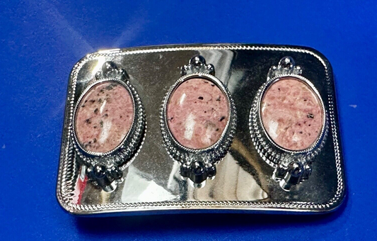 Three Piece Pink Cabochon Cab Stones on reflective silver color Belt Buckle