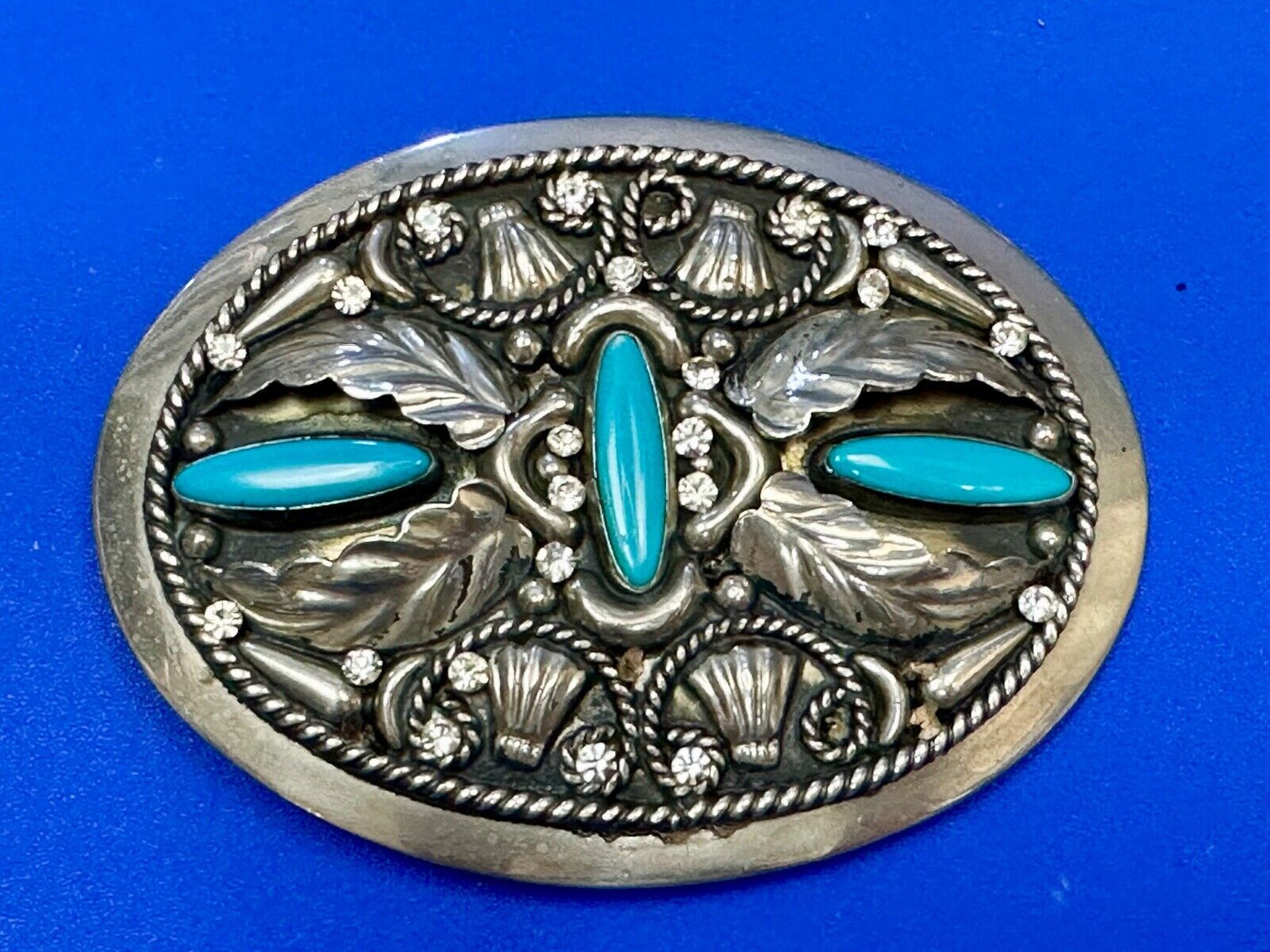 Vintage Faux Turquoise and Feather's Beautiful Alpaca Mexico Stamped Belt Buckle