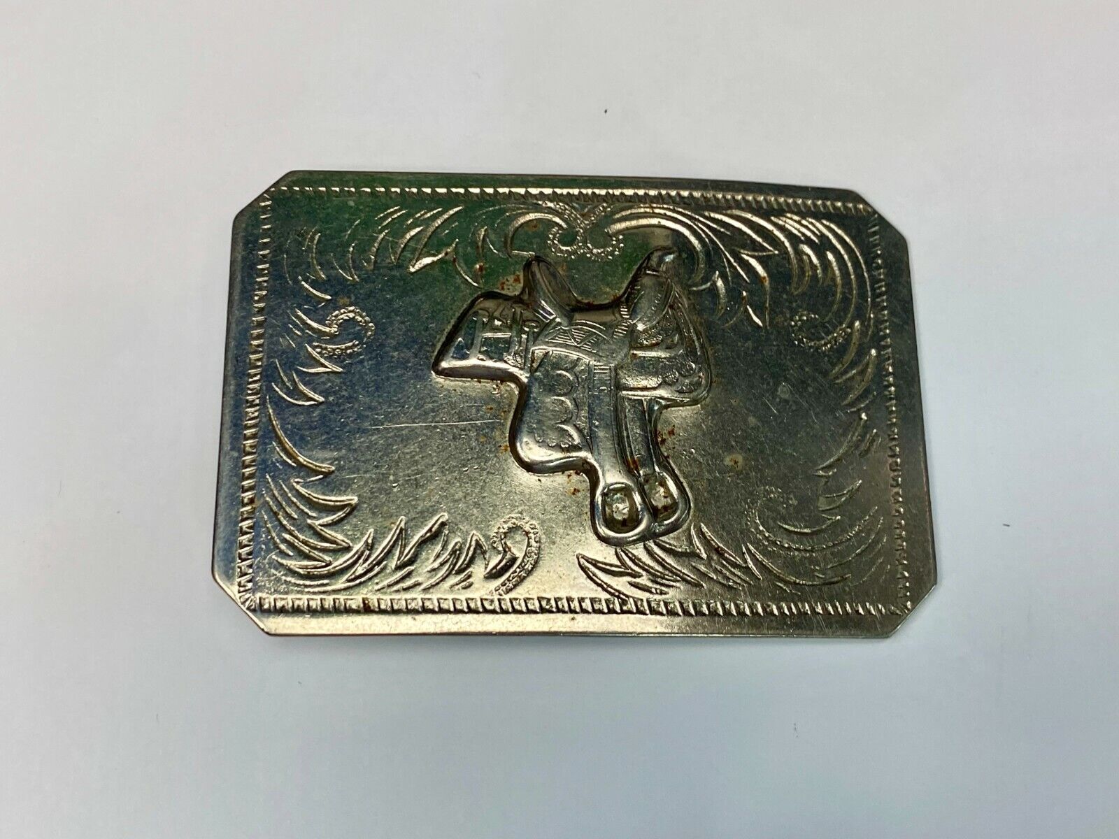 Vintage Horse Saddle Silver Tone Ornate Rectangular Belt Buckle