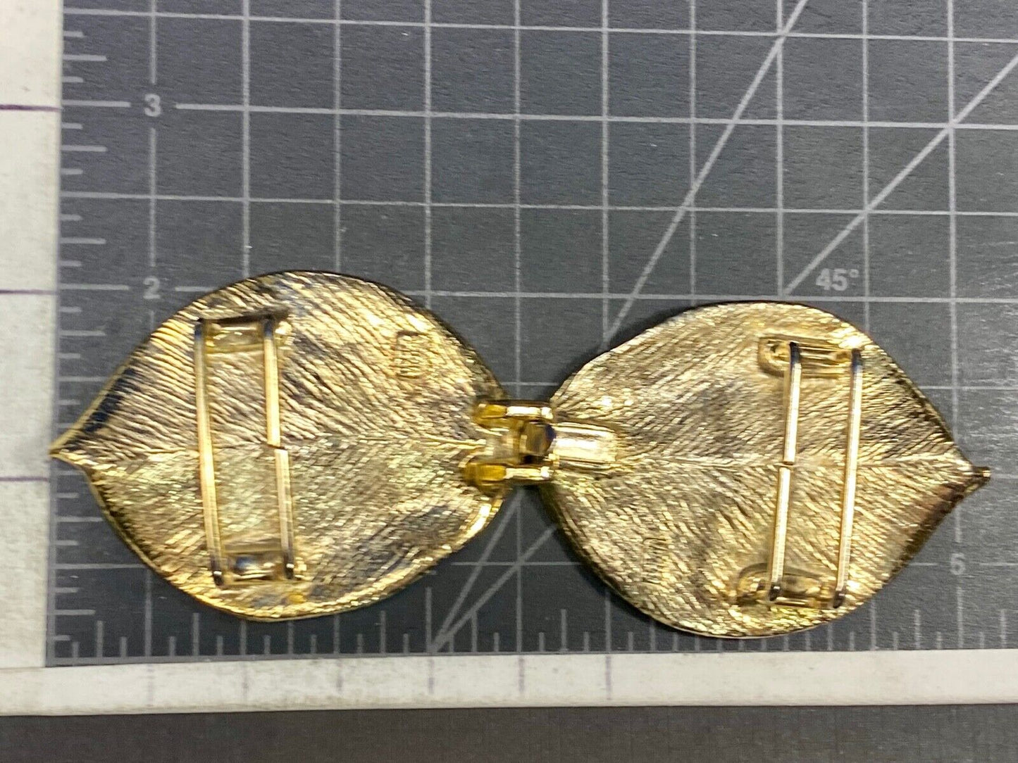 Vintage gold tone two piece interlocking 5" wide leaf belt buckle w/ makers mark