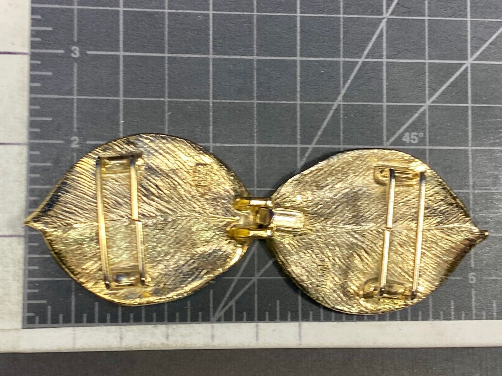 Vintage gold tone two piece interlocking 5" wide leaf belt buckle w/ makers mark
