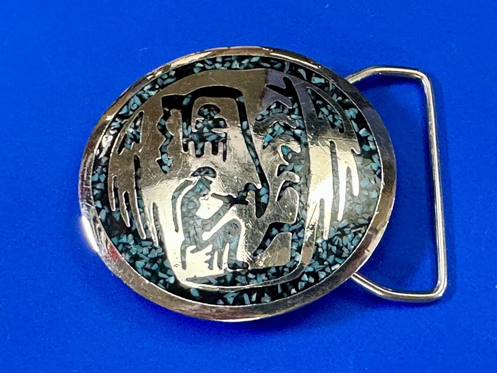 Artisan Inlaid Turquoise chip Beautiful Art pc. Vintage belt buckle marked 1980