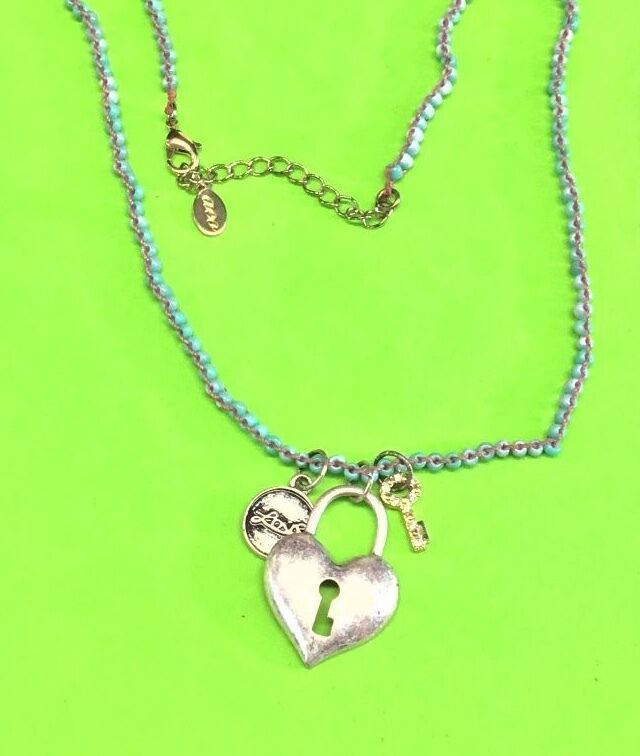 AEO silvertone locket heart pendant key beaded necklace Dual double American 