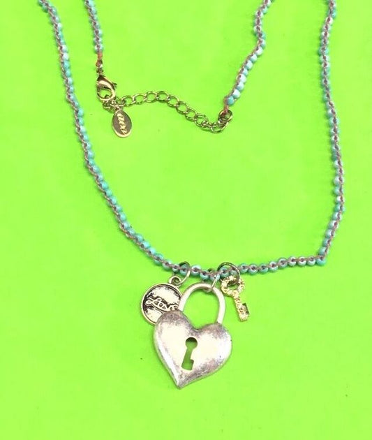 AEO silvertone locket heart pendant key beaded necklace Dual double American 