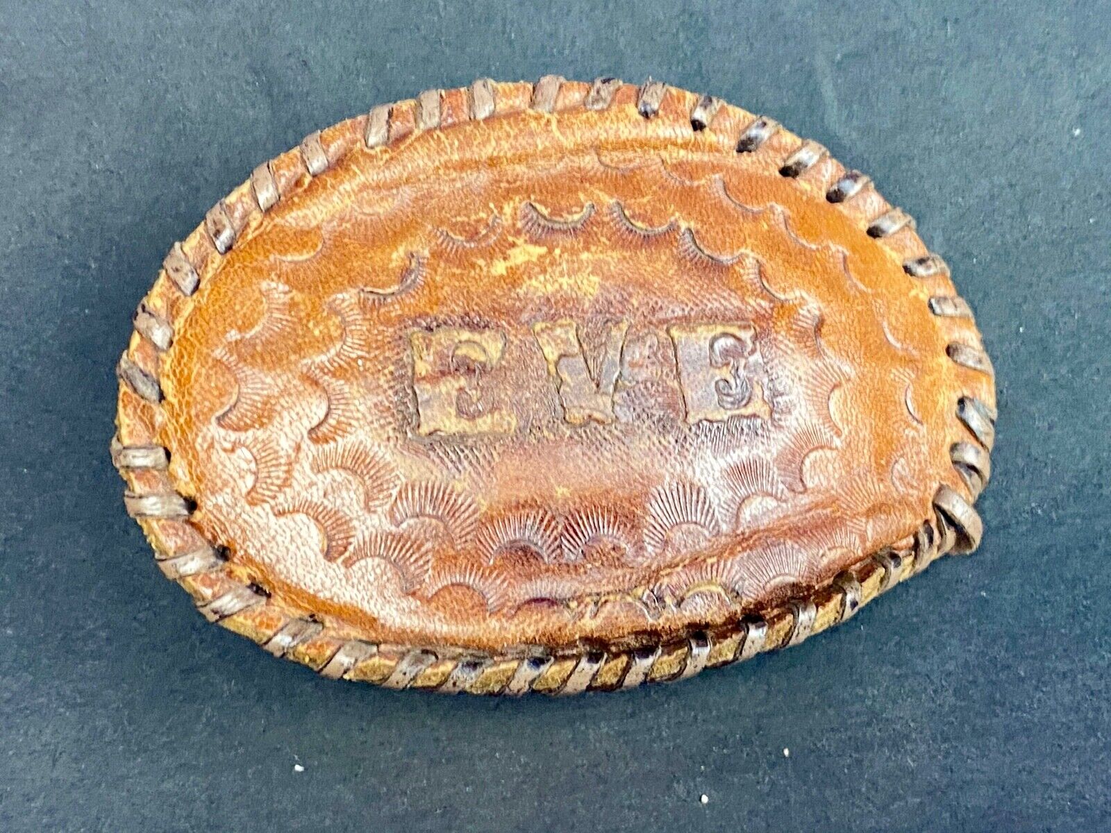 Vintage Leather stitched artisan? Name EVE personalized western belt buckle 