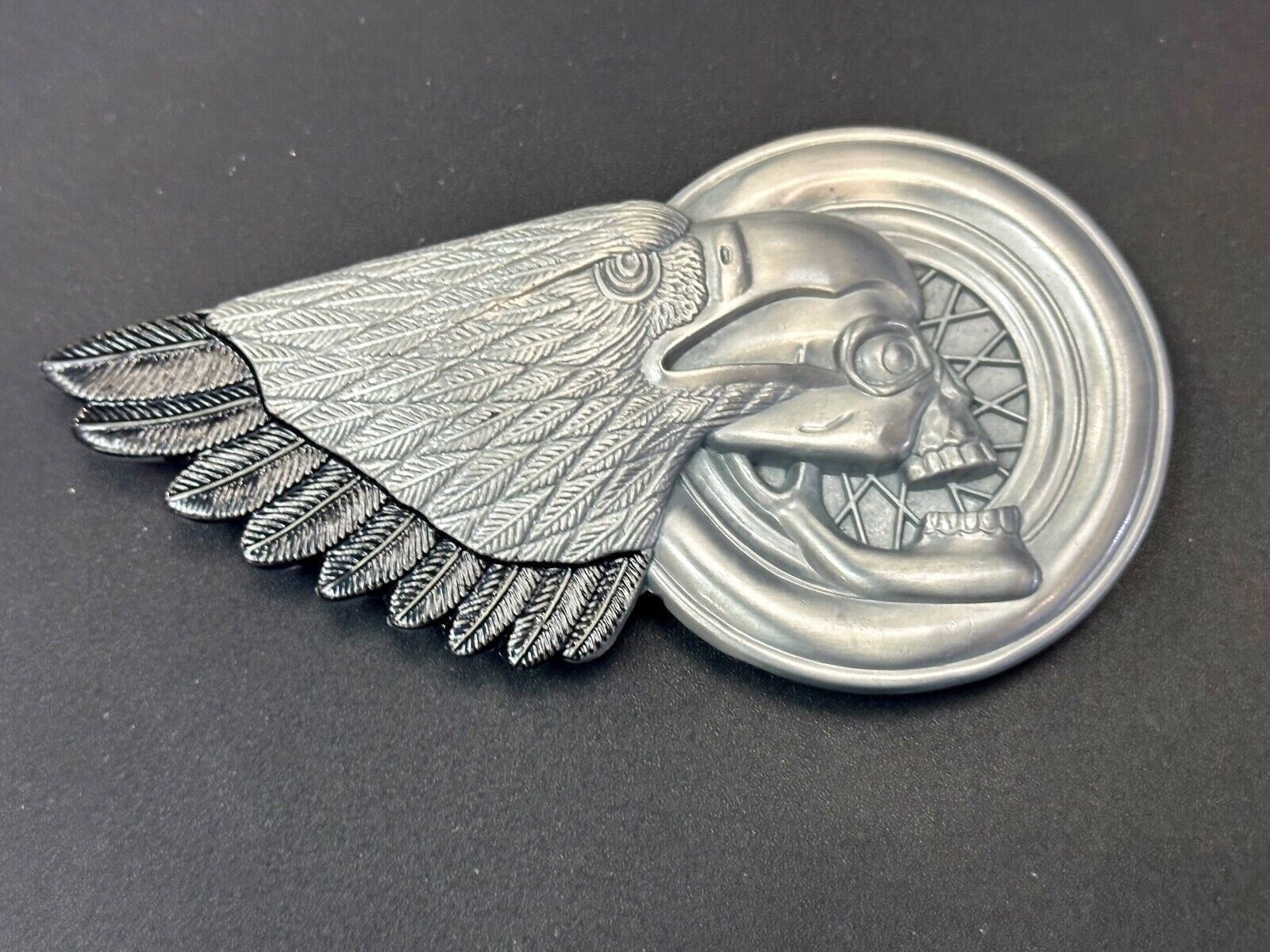 Bikers Skull with Eagle Wing and Motorcycle Wheel figural belt buckle