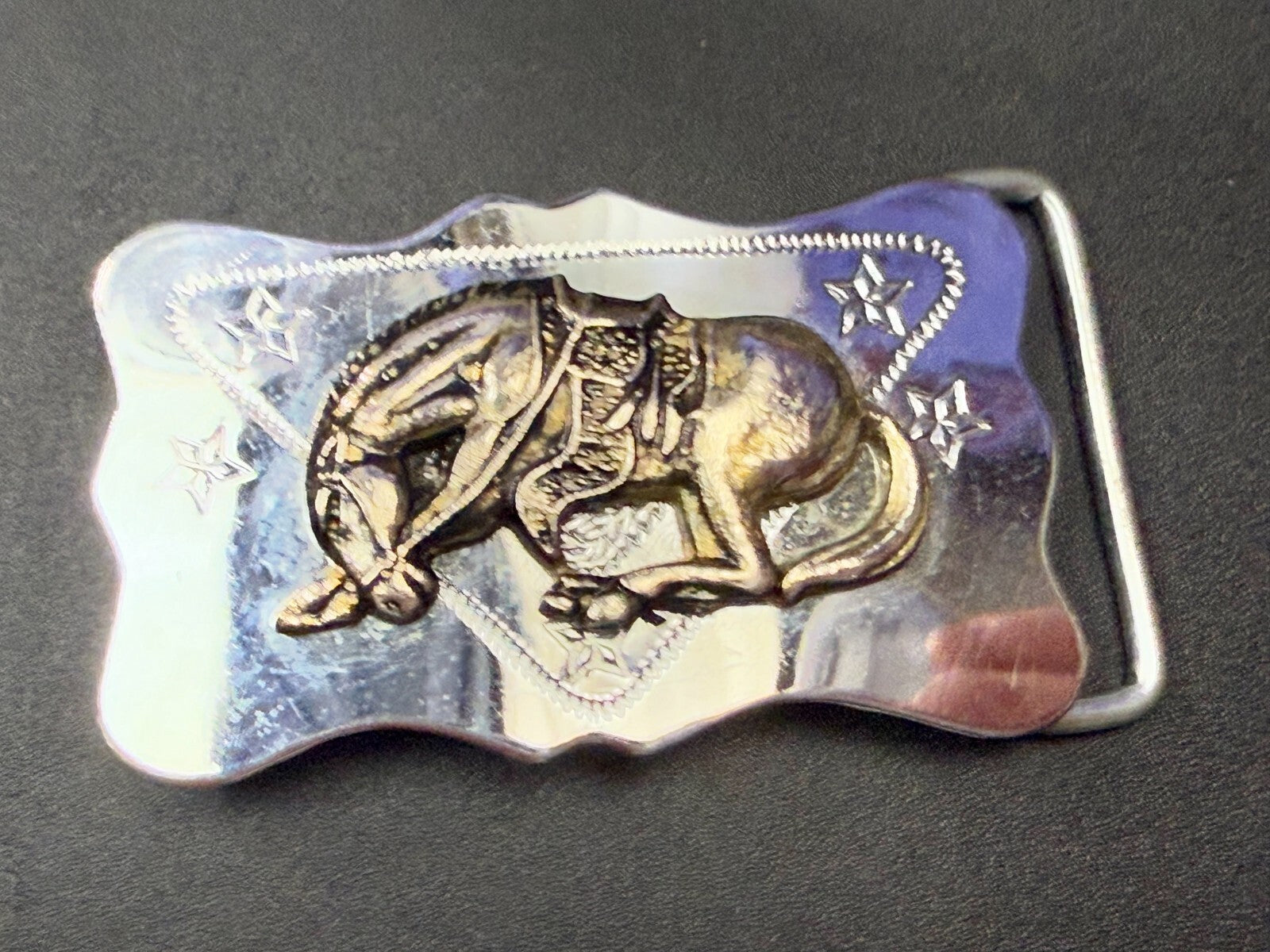 Vintage Horse Head Down End Of The Trail Reflective Two Tone Western Belt Buckle
