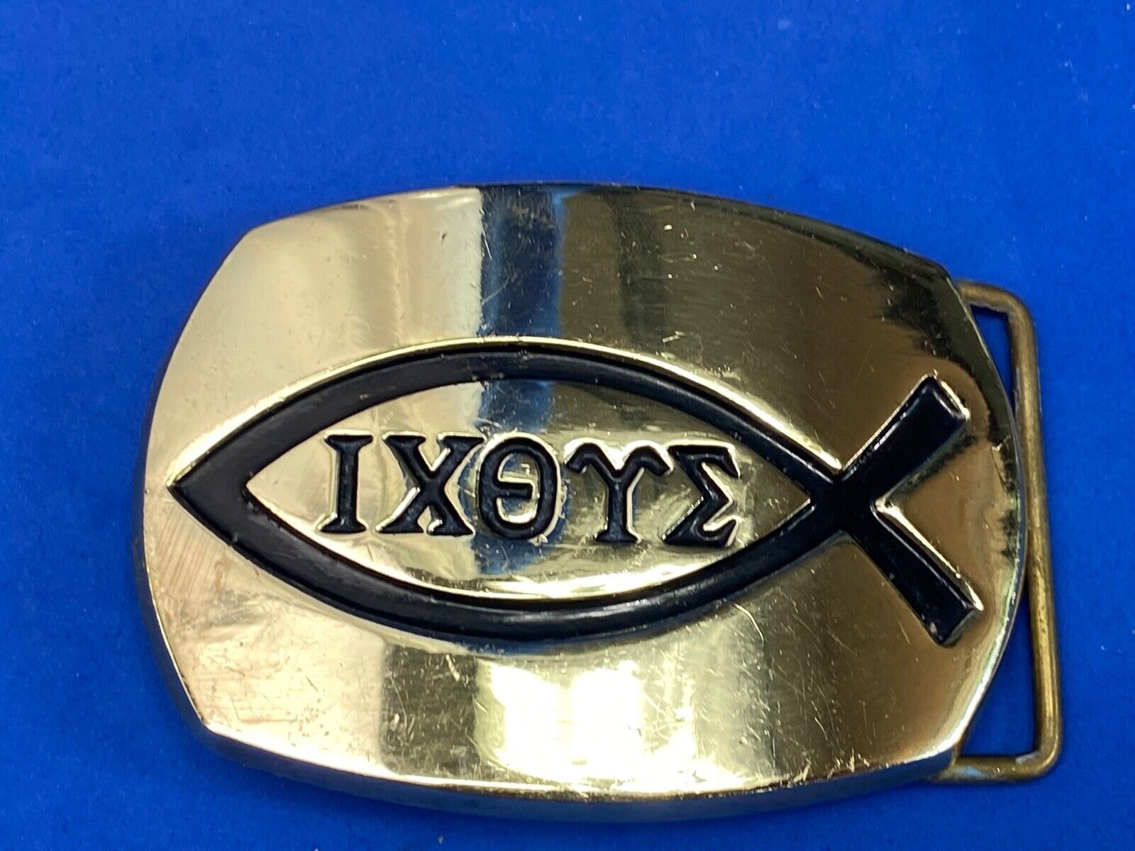 Vintage Ichthus Jesus Fish Ixoye Christian Symbol Icthus Brass Belt Buckle 