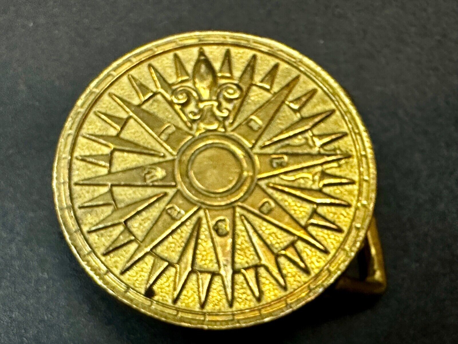 Artist Signed Fleur De Lis Compass Sun Dial Hippie Boho Solid Brass Belt Buckle
