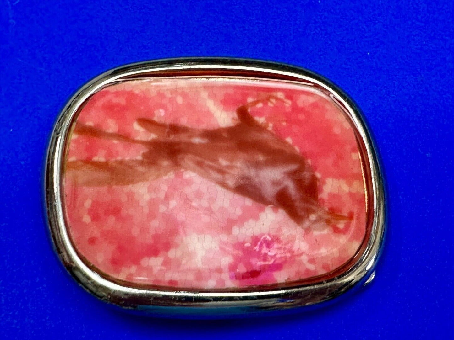 Abstract Dolphin Fish Pink & Red Colored Print on Silver Tone Belt Buckle