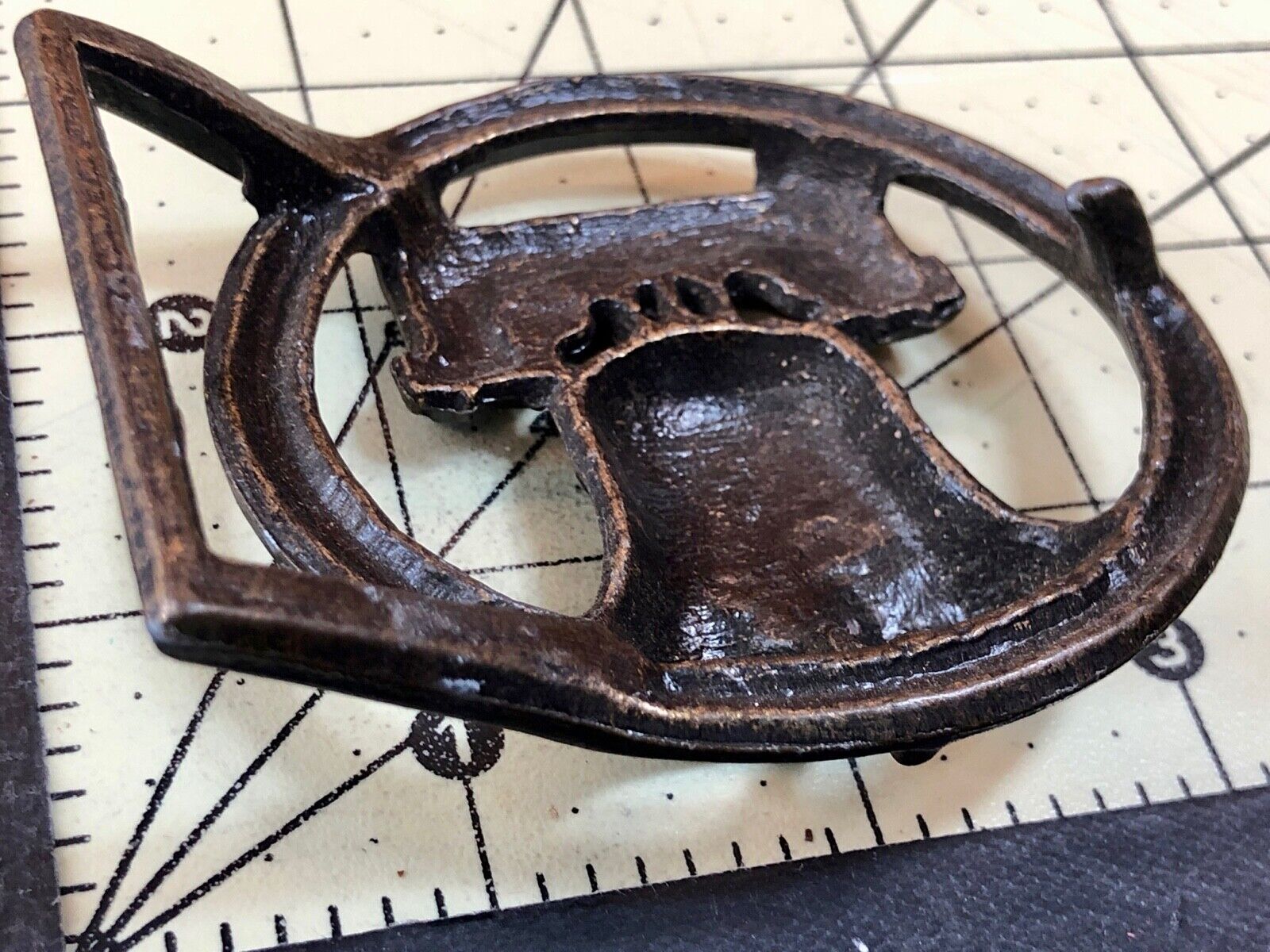 Vintage Figural Cut out Round Skeleton Liberty Bell Belt Buckle 
