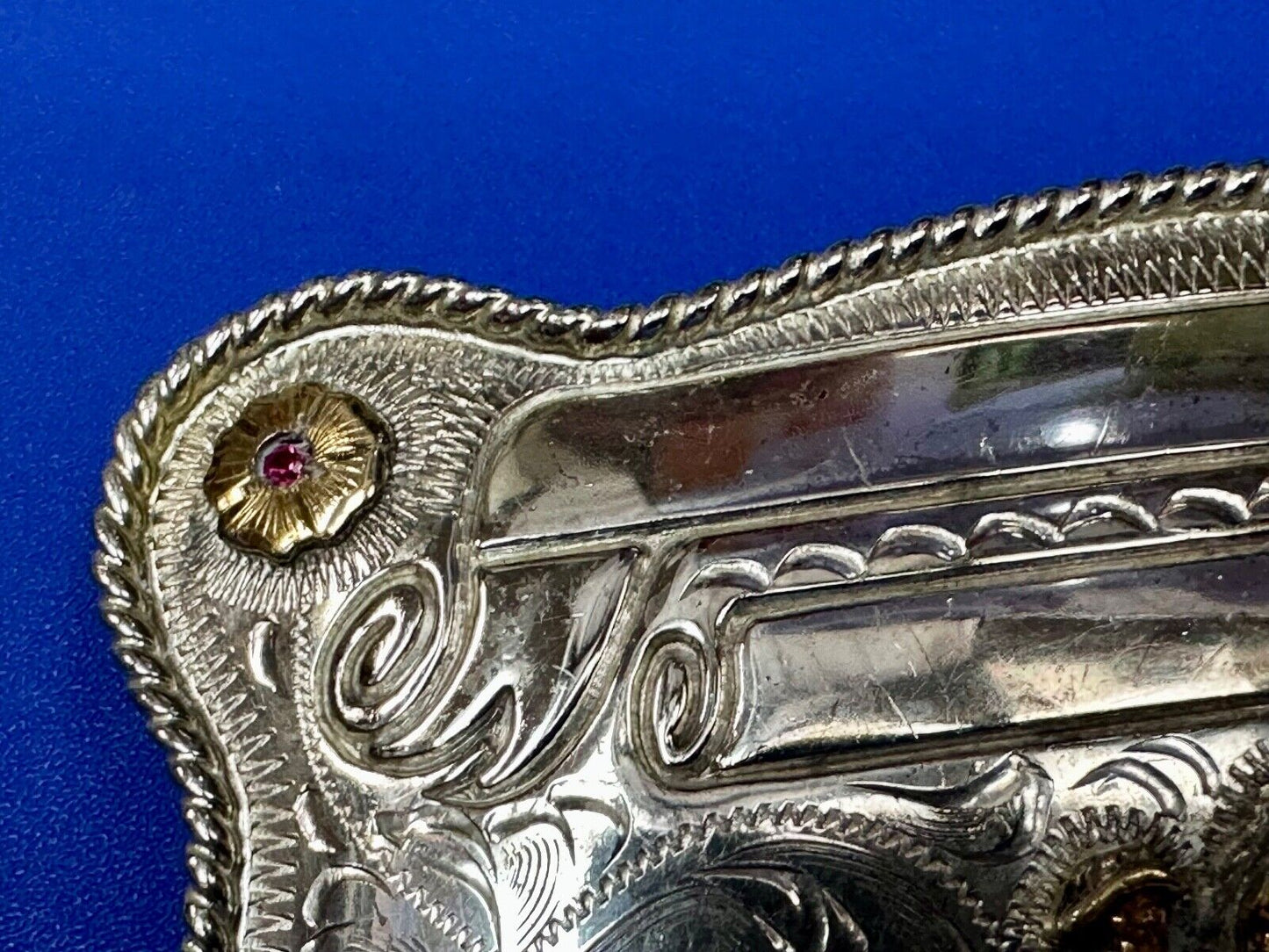 A man with his horse two tone, red ruby Belt Buckle - blank award scrolls