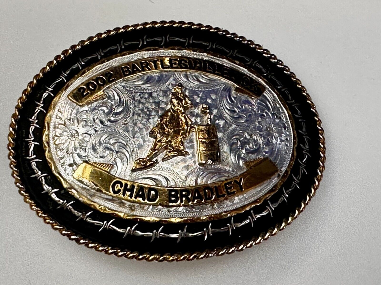 2002 Bartlessville OK Rodeo Trophy Chad Bradley Montana Silversmiths Belt Buckle