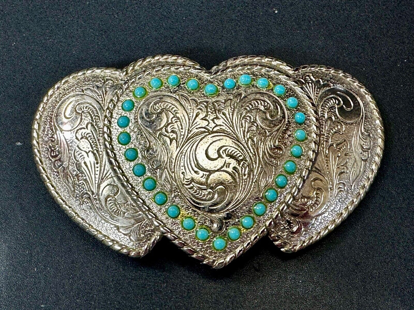Triple 3 Hearts - Turquoise Colored Accented Or Outlined Three Heart Belt Buckle