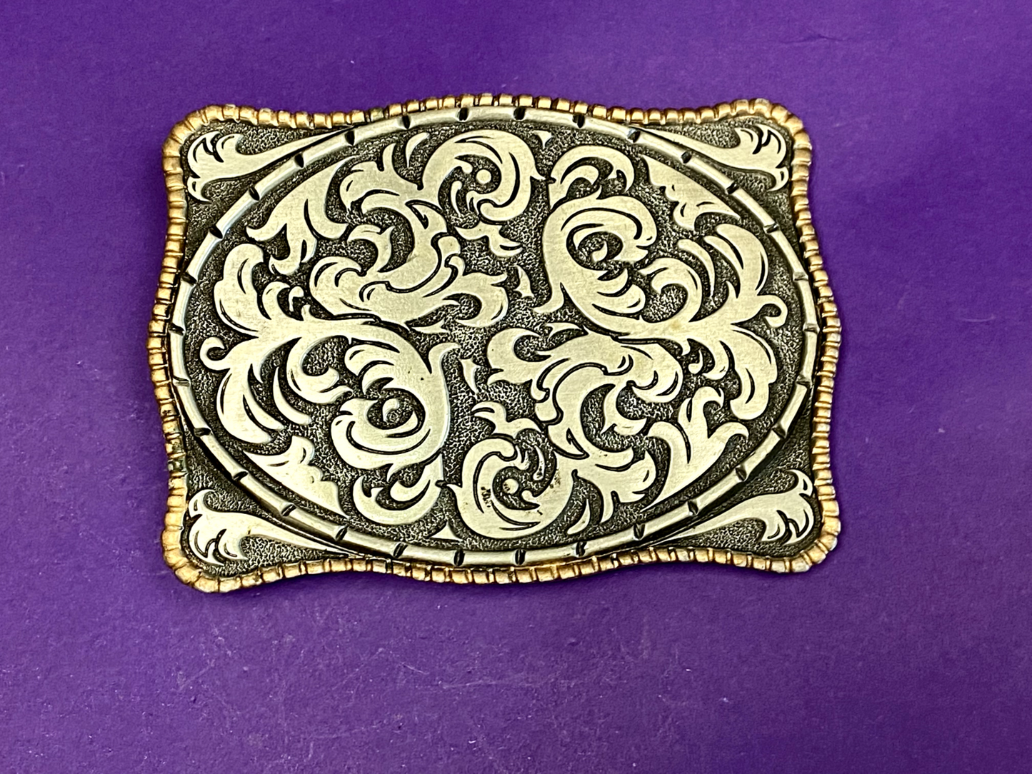 Vintage 1980S **Ornamental Floral Pattern** Pewter Western Belt Buckle