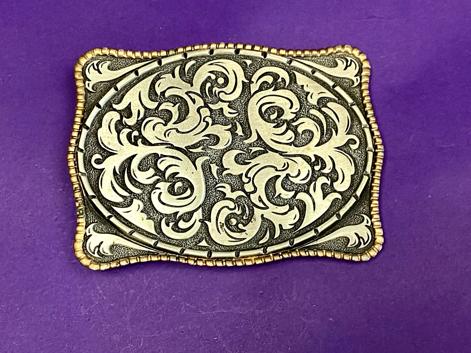Vintage 1980S **Ornamental Floral Pattern** Pewter Western Belt Buckle