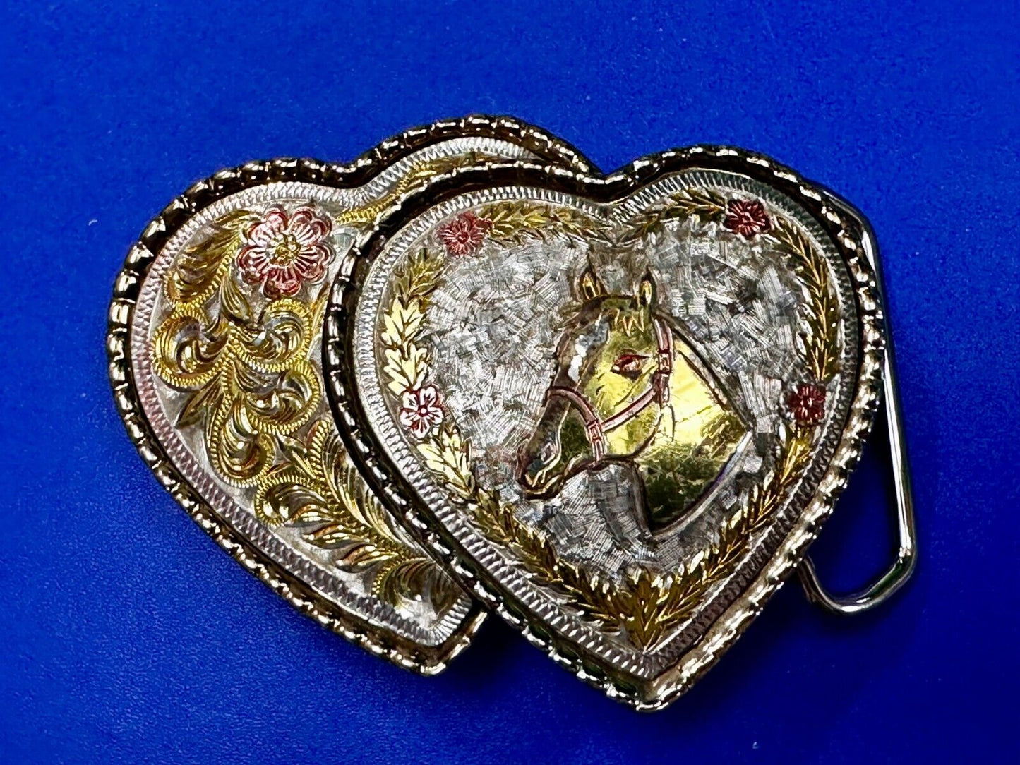 Twin Dual Hearts Horse Head Flower Swirl FloralWestern Belt Buckle W USA
