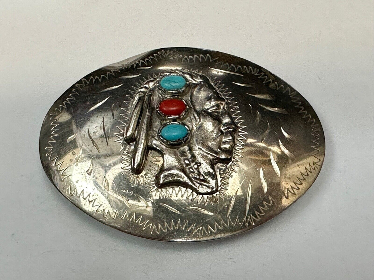 Artisan Native American Indian Bust Belt Buckle  Faux Turquoise & coral accents