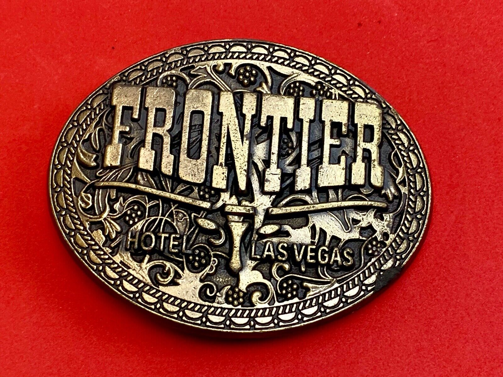 Vintage Frontier Hotel casino Las Vegas belt buckle - Western long horn 