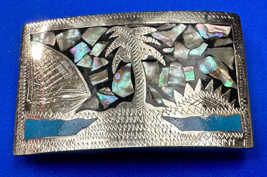Beach Scene with Palm Tree - Inlaid Turquoise, Abalone Shell Vintage belt buckle