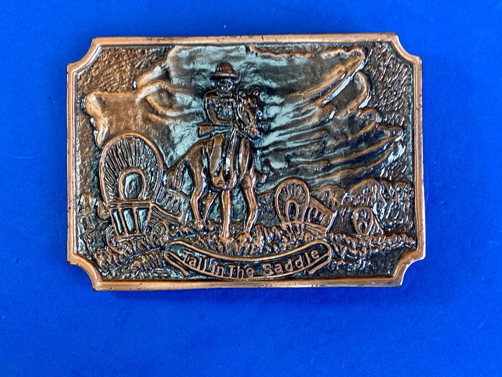 Tall In The Saddle Western Rodeo Cowboy On Trail With Covered Wagon Belt Buckle 